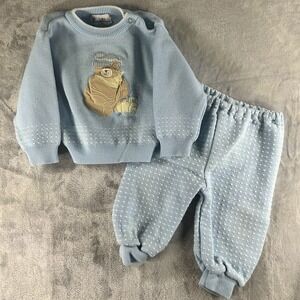 Vintage 80s Sweater Blue Knit Outfit Baby 18 Months 2‎ Pc Sweatsuit